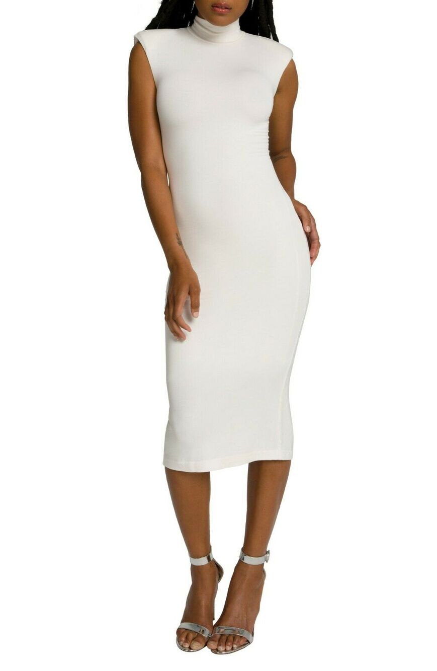 Good American Power Mock Neck Midi Dress 0 Ivory Bodycon Back Slit Stretch